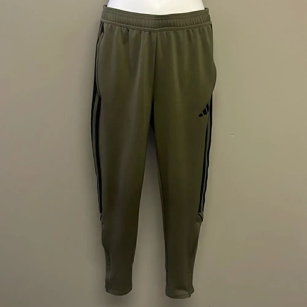 Adidas Women’s Areoready Olive Green Striped Pull-on Jogger Pants Zip Pocket-Med